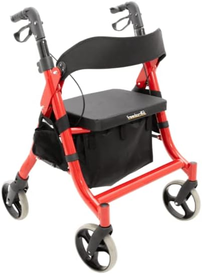 Platinum Health 600lb. Titus Extra-Wide Deluxe Bariatric Walker Rollator. Heavy-Duty Oval Tubing. High-Capacity Padded Seat/Backrest. Height Adjustable Angled Hand Grips. Foldable. (Red)