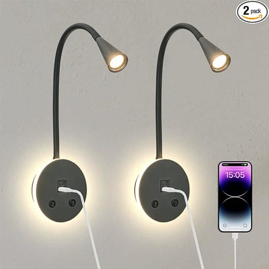 Black Headboard Reading Light with Nightlight, 2 Pack Wall Mounted Reading Lights with Switch, Plug-in Hardwired Reading Lamp for Bedtime Reading, Gooseneck Reading Sconces for Bedroom, Bedside