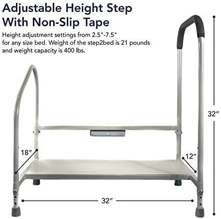 Step2Bed Bed Rails For Elderly with Adjustable Height Bed Step Stool & LED Light for Fall Prevention - Portable Medical Step Stool comes with Handicap Grab Bars making it easy to get in and out of bed