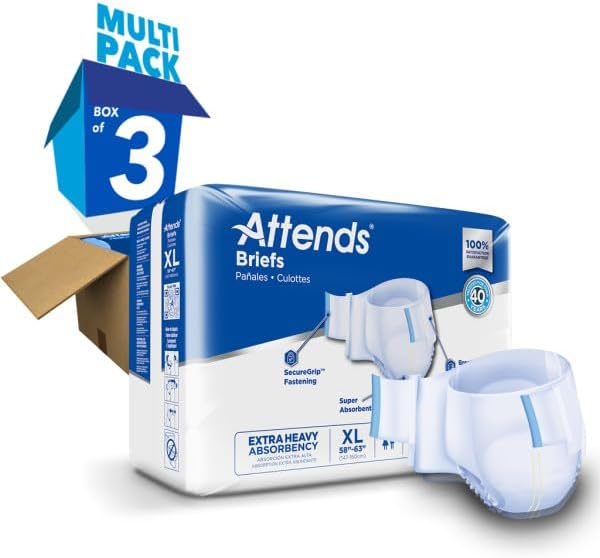 Attends Adult Incontinence Disposable Briefs, X-Large, 58"-63" Waist with SecureGrip Tab Closure, Extra Heavy Absorbency with Super Absorbent Core and Breathable Side Panels, 60ct Case