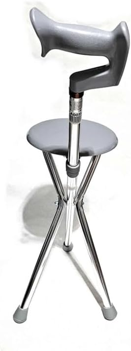 Cane Walking Stick seat Folding Portable Travel Camp Stool Chair Silver 250 Pound