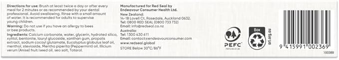 Red Seal Propolis Herbal & Mineral Natural Toothpaste - Mild Mint - Fluoride Free, Organic Toothpaste, NATRUE Certified Natural - Natural Gum Health, No Artificial Flavors, Cruelty-Free, 3.53 oz