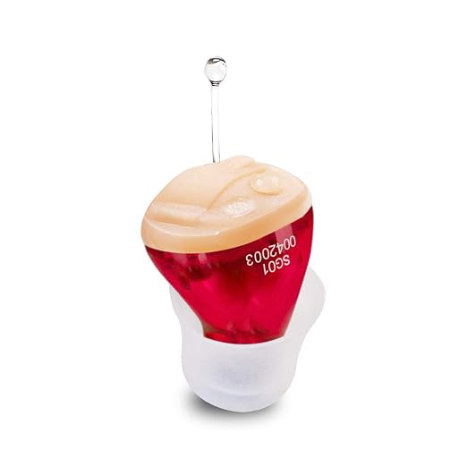 Mini Hearing Aids for Seniors, Battery Operated Hearing Amplifier | ITC Single Ear Hearing Device for Mild to Moderate Hearing Loss (Red, Right)