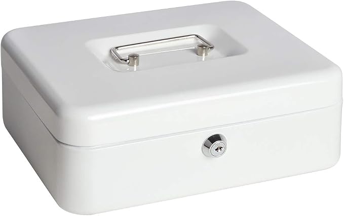 Jssmst Locking Large Metal Cash Box with Money Tray, Lock Box, White