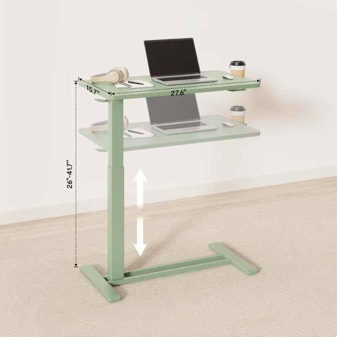FLEXISPOT H7 28" Pneumatic Height-Adjustable Overbed Table with Wheels | C-shaped bedside table TV Tray,Medical End Side Table,Laptop desk for sofa and home office use,27.6"W x 15.7"D,Mint Green