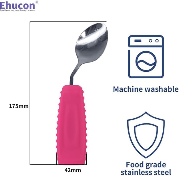 Adaptive Utensils Angled Spoon and Fork for Hand Tremors Parkinsons,Weighted Utensils with Non-Slip Easy Grip Handles for Independent Eating (1pcs Spoon+1pcs Fork=2 pcs,Pink,Left Hand)