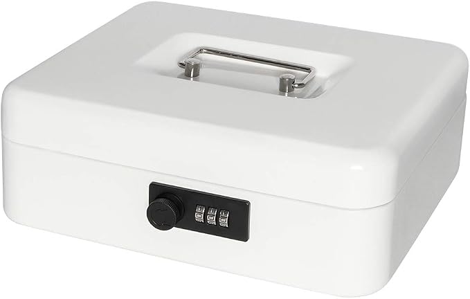 Jssmst Cash Box with Combination Lock - Durable Metal Cash Box with Money Tray, Large, White