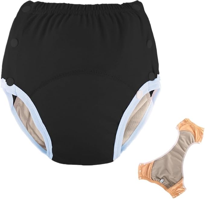 WEEOATAR Unisex Reusable Adult Cloth Diaper, Washable Swim Nappies, Adjustable Incontinence Cloth Diaper with Snaps, Underwear for Elderly Disability, Postpartum (Black, XXL)