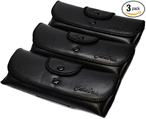 Calabria Double Snap Belt Loop Eyeglass Case PU Leather Black 3Pack Old School Eye Glasses Pouch Semi-Hard Sunglass Holder