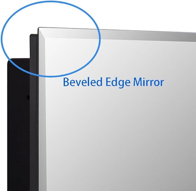 Black Plastic Bathroom Medicine Mirror Cabinet Beveled Edge, 16 x 20 inch, Surface and Recessed Mount
