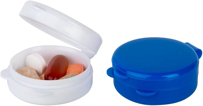 EZY DOSE Daily Round Pocket Pharmacy, Portable On-The-Go, Pill Box, Organizer and Vitamin Containers, Snap Shut Lids, Perfect For Traveling, Colors May Vary, 2 Pack, BPA Free