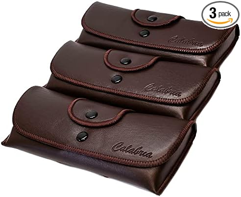Calabria Double Snap Belt Loop Eyeglass Case PU Leather Brown 3Pack Old School Eye Glasses Pouch Semi-Hard Sunglass Holder