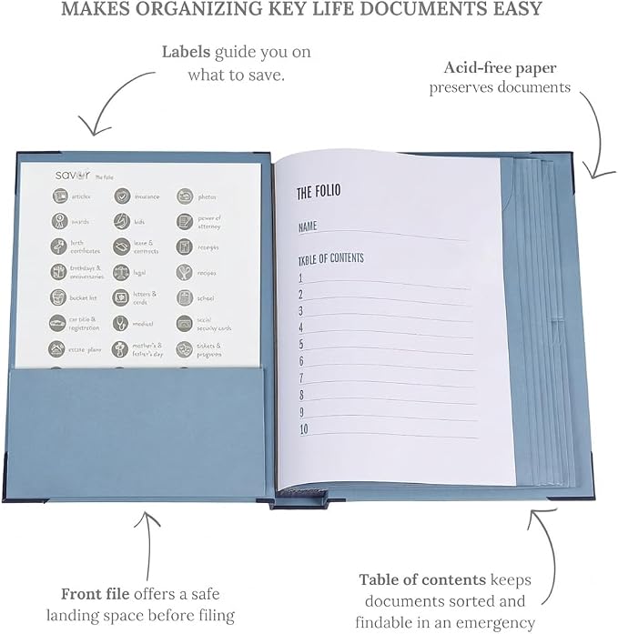 The Folio® Important Document Organizer by Savor | Binder with Guided Labels, Acid-Free File Folder Organizer with 10 Pockets, Document Holder for Home Records, Legal and Medical Papers (Slate/Blue)