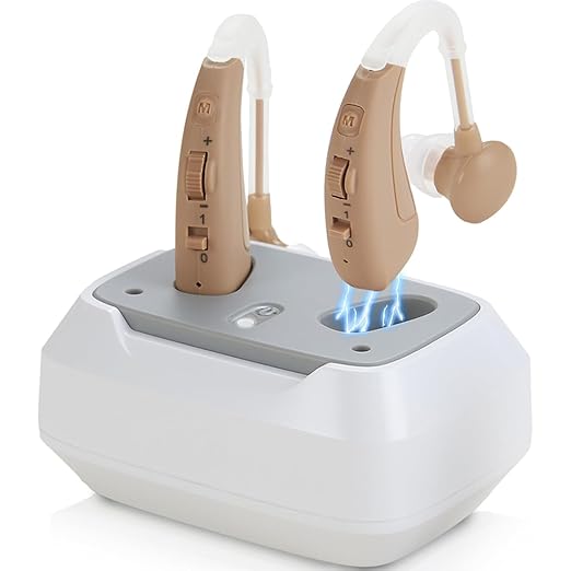 Hearing Aids For Seniors - Rechargeable Hearing Amplifier For Seniors Noise Reduction,4 Modes,Adjustable Volume, Comfort Design and Nearly Invisible,Behind The Ear,With Charging case（Khaki）