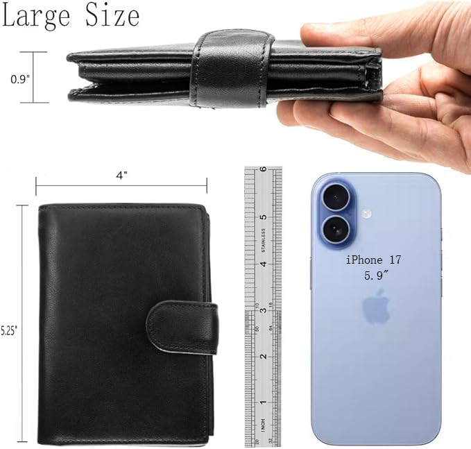 POKOFO Large RFID Genuine Leather Card Holder Trifold Wallet Snap Closure 3 ID Windows for men