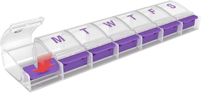 EZY DOSE Weekly (7-Day) Pill Case, Medicine Planner, Vitamin Organizer Box, 2X-Large Push-Button Compartments, Color May Vary, BPA Free