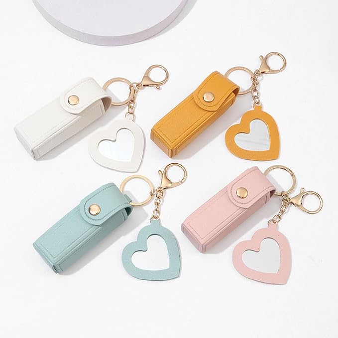 Arvintas 4 PACK PU Leather Potable Chapstick Holder Key Chain Bulk with Mirror, Lipstick Keychain, Lip Balm Organizer Holder Lipstick Travel Makeup Storage Case for Women Girls (Style 2)