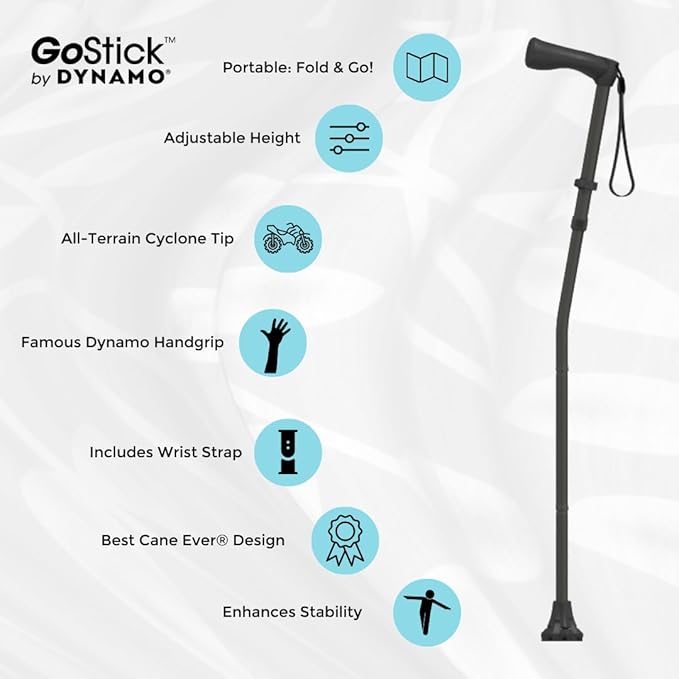 Dynamo GoStick Folding Cane - The Best Cane Ever - Designed for Stability and Balance - Folding and Adjustable Walking Cane, Heavy Duty, Travel-Friendly and Stylish - Men & Women