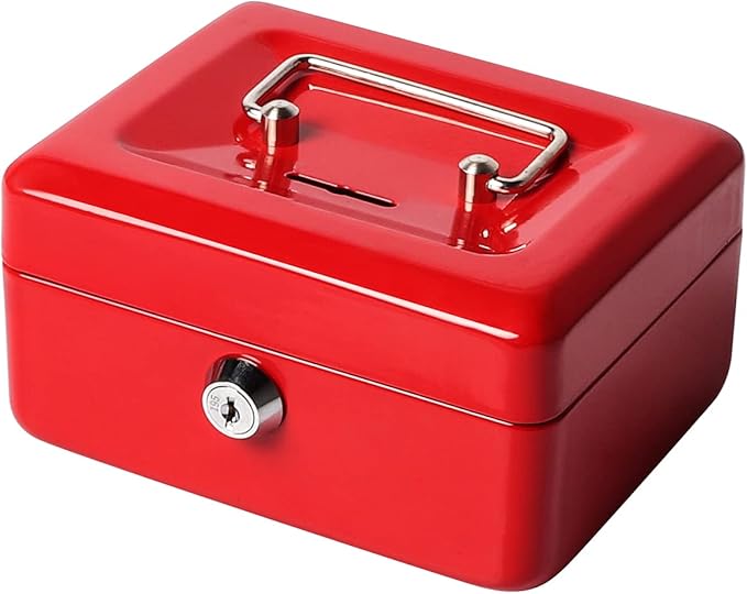 Jssmst Small Lock Cash Box, Locking Money Box for Kids with Slot on Top, Red Lock Box, 5.91 x 4.72 x 2.95 inches, CB003-R