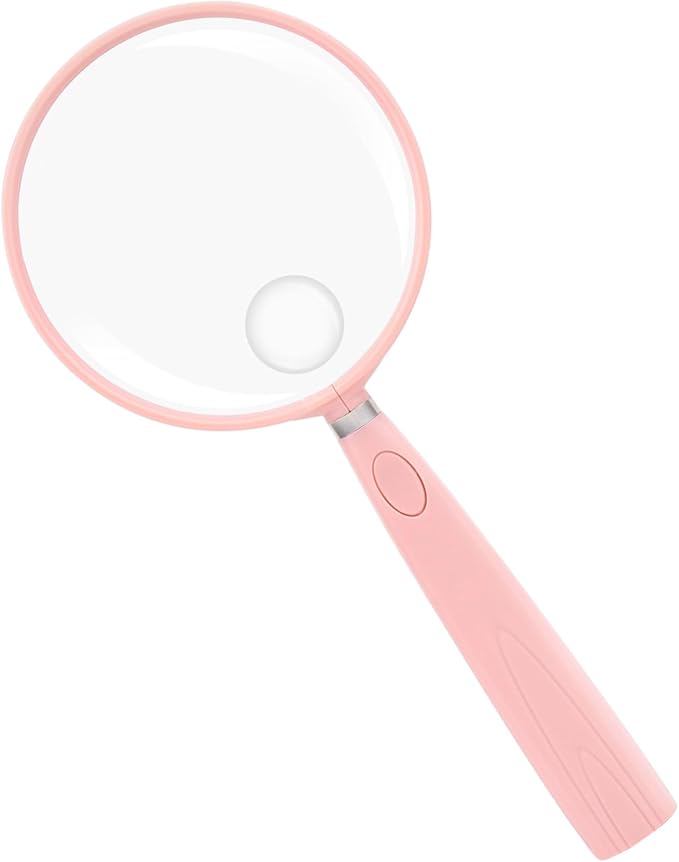 Feosky Handheld Reading Magnifier, 10X Magnifier, 90mm Shatterproof Lens, Non-Slip Handle for Adults Close Work, Seniors Reading and Nature Exploration, Hobby Observation(Pink)