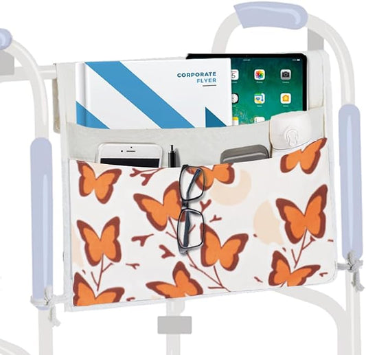 TOGETRUE Walker Bag, Easy Access Walker Storage Basket with 2 Large Pockets, Walker Accessories Bag for Folding Walker, Wheelchairs, Strollers, 13"x14.5" (Butterfly)