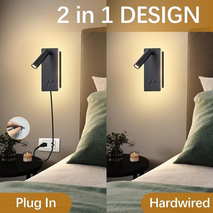 MOLUOLA LED Wall Lamp Wall Mounted Reading Lights Set of 2, Adjustable Headboard Plug in Wall Sconce with USB C+A Ports, Headboard Bedside Lamp with 9W+3W Night Light 3000K (Black)