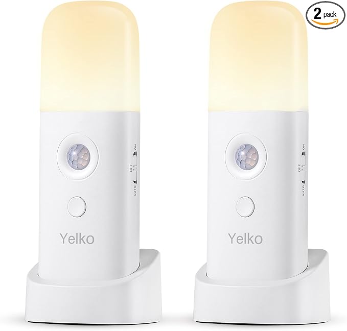 YELKO Motion Sensor Night Light, 2000mAh Rechargeable Night Lights Battery Powered, PortableＤimmable Nightlights with 5 Brightness Levels for Kids,Adults (Warm White 2Pack)