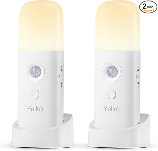 YELKO Motion Sensor Night Light, 2000mAh Rechargeable Night Lights Battery Powered, PortableＤimmable Nightlights with 5 Brightness Levels for Kids,Adults (Warm White 2Pack)