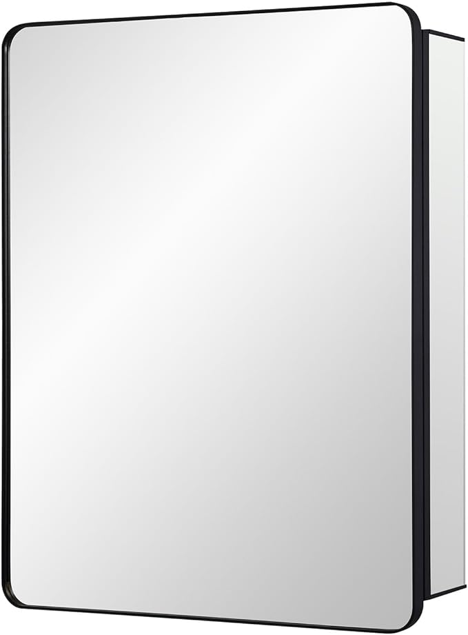 Black Bathroom Mirror Medicine Cabinet with Round Corner Framed Door 24 x 30 inch, Recessed or Surface Mount, with Adjustable Glass Shelves