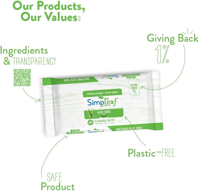 Simpleaf Flushable Wet Wipes Aloe Vera | Plastic Free, Paraben & Alcohol Free | Hypoallergenic & Safe for Sensitive Skin | Soothing Aloe Formula | Adult Toilet Wipes (12 x 50 Counts Pack) 600 Counts