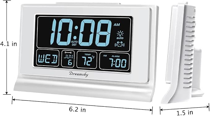 DreamSky Alarm Clocks for Bedrooms with Battery Backup, Auto Set | Digital Clock with Date & Day of Week, 5 Inch Large Display, Weekday, Temperature, USB Port, Auto DST, Brightness Dimmer