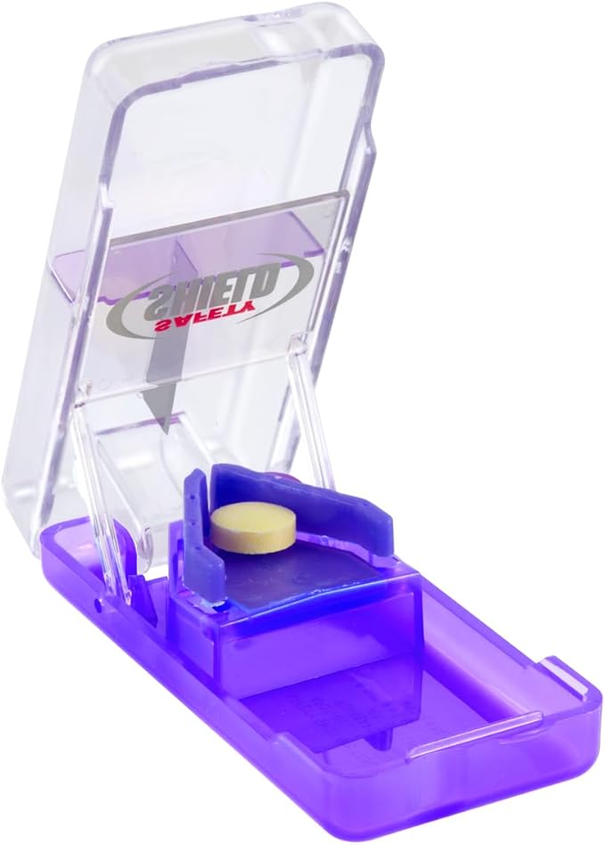 Ezy Dose Pill Cutter and Splitter with Safety Shield, Daily Usage, Safely Cut Pills, Vitamins, Tablets in Half, Accurate and Easy Cutting, Stainless Steel Blade, Travel Sized, Purple, BPA Free