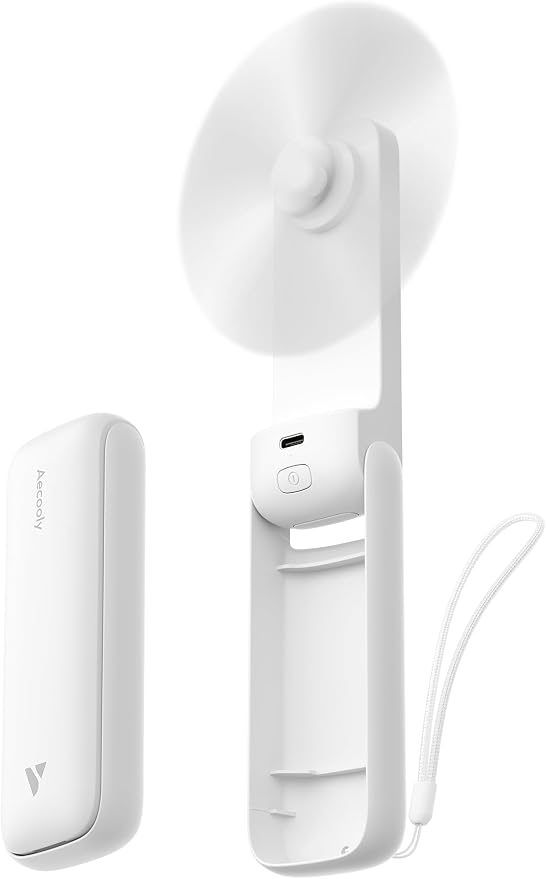 Aecooly Slim Portable Fan 2 Pack, Thin Handheld Fan, USB Rechargeable | Mini Personal [24H Max Cooling Time], Battery Powered Small Foldable Pocket for Travel, Summer, Gifts for Women, Girls-White