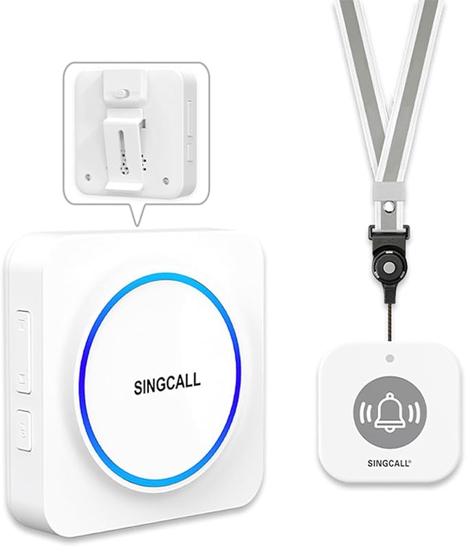SINGCALL Wireless Caregiver Pager Panic Alarm System Personal Alarm for Elderly/Kids/Pregnant/Patients/Care Home/Hospital 32 Chimes&0-100dB Volume 1 Rechargeable Portable Receiver+ 1 Panic Call Button