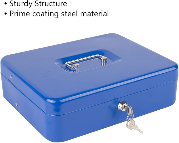KYODOLED Locking Cash Box with Lock,Money Box with Cash Tray,Lock Safe Box with Key,Money Saving Organizer,11.81Lx 9.45Wx 3.54H Inches,Blue XL Large
