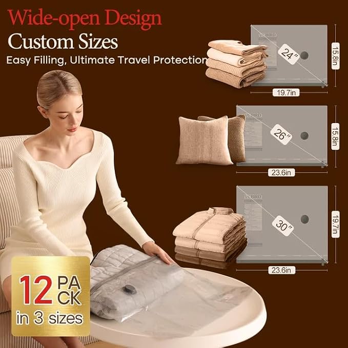 Vacbird 12 Pack Vacuum Bags for Travel with Rechargeable air Pump, Carry-on Size Vacuum Seal Bags for Luggage and Suitcase Compression, Space Saver for Clothes and Clothing Travel | See Contents Easily with Transparent Bags, 1500mAh Pump Compresses 90+...