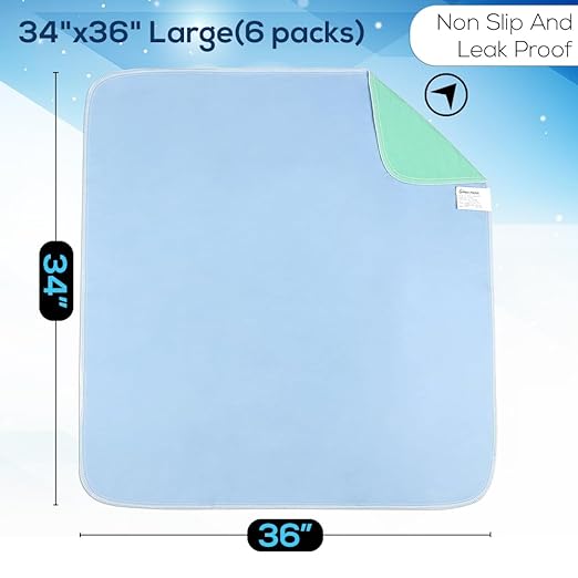 Simpli-Magic Washable Underpads, 34"x36" (Pack of 6) - Heavy Absorbency Reusable Bedwetting Incontinence Pads for Kids,Adults,Elderly,and Pets - Waterproof Protective Pad for Bed,Couch,Sofa,Floor
