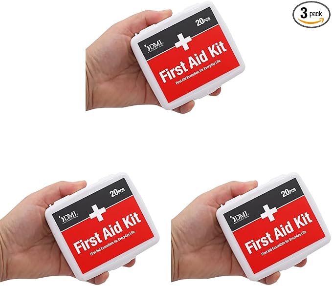 DMI First-Aid Kit, Mini 20-Piece Kit, Small and Compact All-Purpose Use for Minor Cuts and Scrapes, Durable Water-Resistant Case, Convenient and Portable, White (Pack of 3)