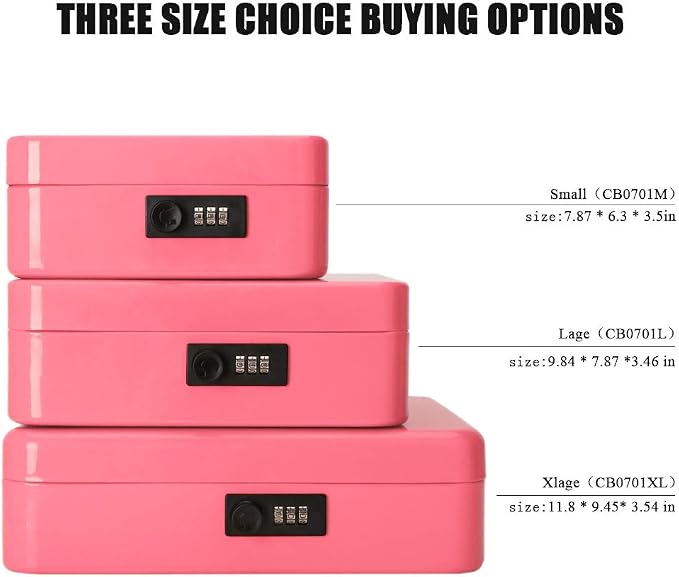 Jssmst Large Cash Box with Combination Lock - Durable Metal Cash Box with Money Tray Pink (9.8 x 7.9 x 3.5), SM-CB07004L, SM-CB014