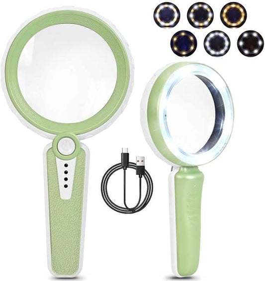 45X Magnifying Glass with Light, 6 Color Modes, 1200mAh Rechargeable, 4.6In Large Handheld Magnifier for Low Vision Seniors, Reading, Hobbies - Green