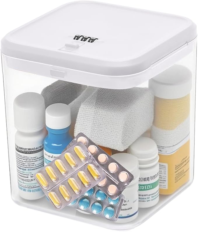 Medication Lock Box, Small Lock Box, Childproof Medicine Lockbox, Lockable Storage Box for Pill Organizer/Medicine Safe/Phone/Refrigerator/Personal Items/Dorm, white