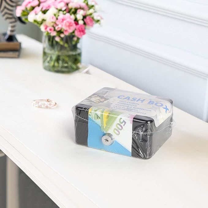 Jssmst X-Small Cash Box with Lock - Money Saving Box for Cash Coins, Small Lock Box for Medication Personal Items, 4.92'' x 3.94'' x 2.28'', Black
