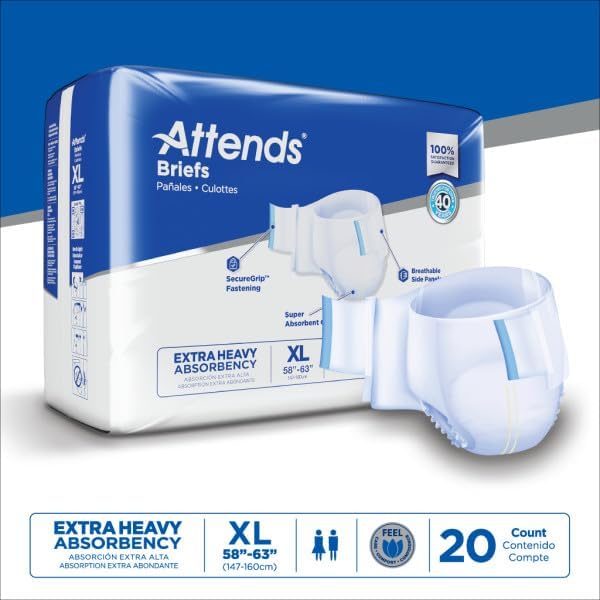 Attends Adult Incontinence Disposable Briefs, X-Large, 58"-63" Waist with SecureGrip Tab Closure, Extra Heavy Absorbency with Super Absorbent Core and Breathable Side Panels, 60ct Case