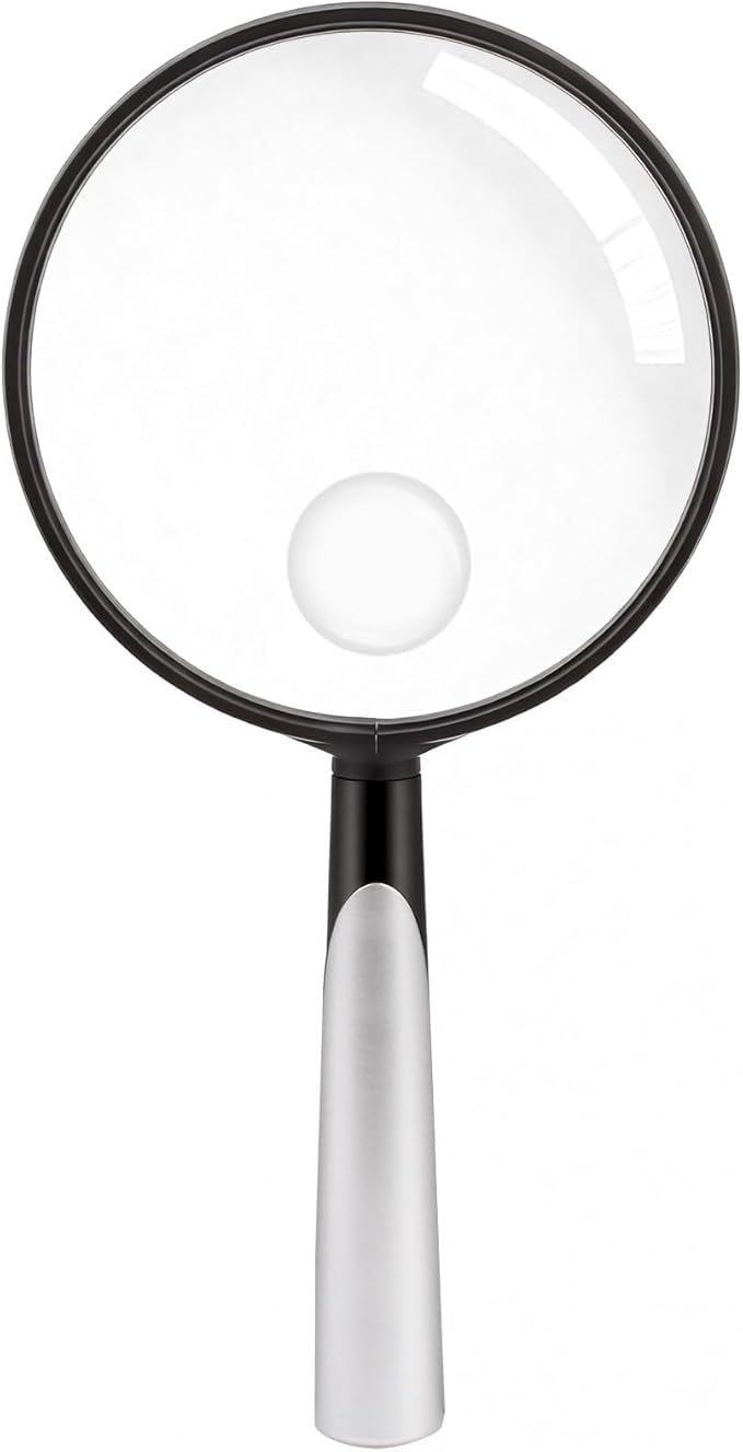 Feosky Handheld Reading Magnifier, 10X Magnifier, 90mm Shatterproof Lens, Adults Close Work Non-Slip Handle for Seniors Reading and Nature Exploration, Insect and Hobby Observation(Silver)