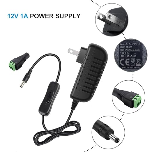 12V Power Supply, 12 Volt 1A 12W DC Power Supply with On Off Switch, Black Switching LED Power Adapter, AC 110V to 12V Transformer Plug for LED Strip Lights with 5.5/2.1 DC Female Connector, 3 Pack
