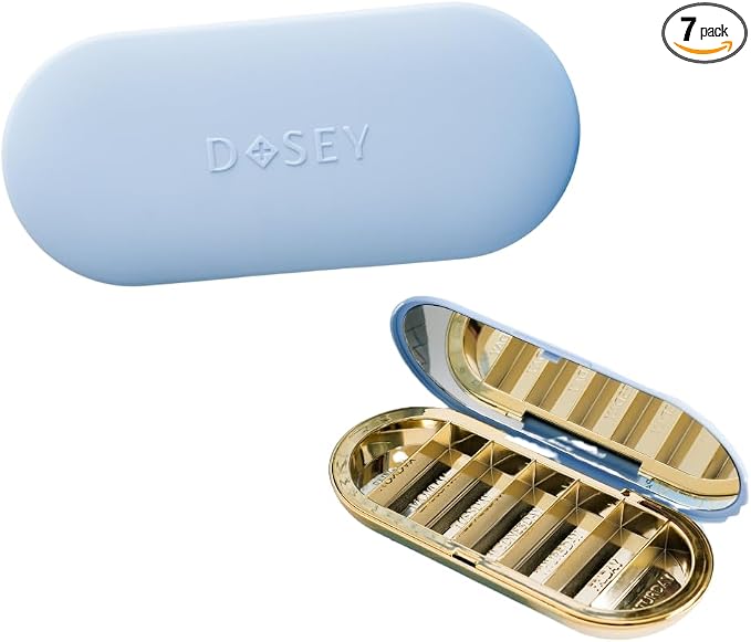 Dosey Compact Travel Pill Organizer - Pill Case with 7 Compartments for Medicine Storage & Protection – Stylish & Elegant Medication Organizer with Mirror, Blue