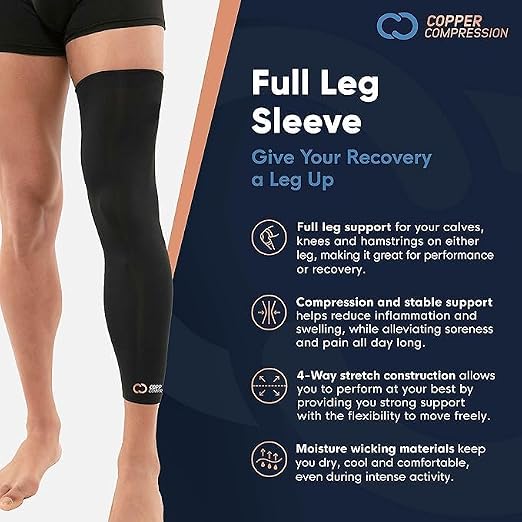 Copper Compression Leg Compression Sleeve - Copper Infused Knee Stabilizer Brace for Running, Meniscus Tear, ACL, MCL, Arthritis, Joint Pain Relief - Thigh & Calf Support for Men & Women