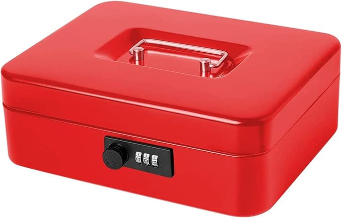 Jssmst Large Cash Box with Combination Lock – Durable Metal Cash Box with Money Tray Red(9.8 x 7.9 x 3.5), SM-CB07003L