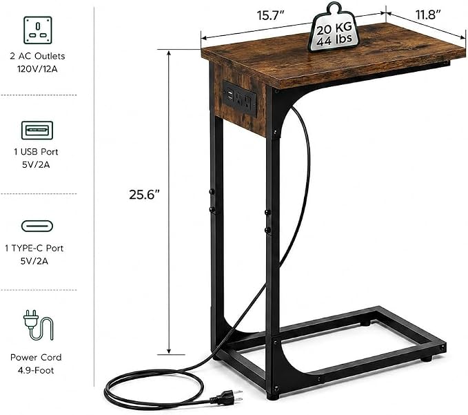 TEMI C Shaped End Table for Couch with Charging Station, Small Side Table TV Tray for Eating or Laptop, Accent Desk for Sofa or Chair, Space Saving Living Room Bedroom, Rustic Brown