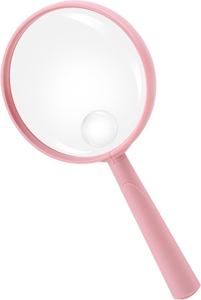 Feosky Handheld Reading Magnifier, 10X Magnifier,75mm Shatterproof Lens, Adults Close Work Non-Slip Handle for Seniors Reading and Nature Exploration (Pink)